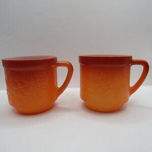 Two MCM Orange, Milk Glass, Flower Embossed Coffee Cups